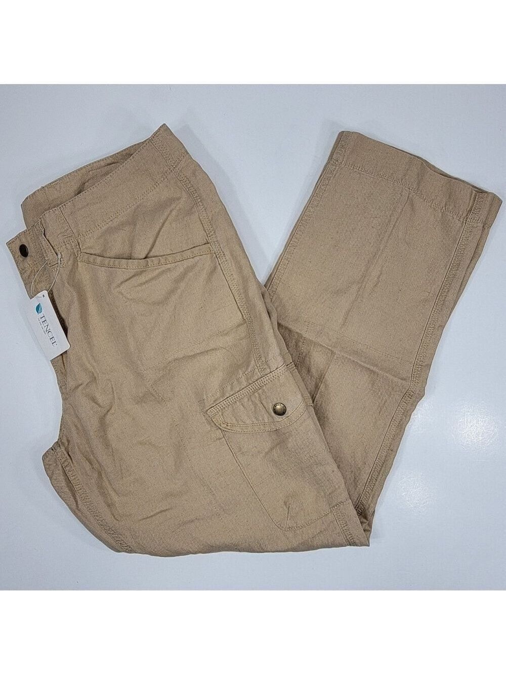NEW LL Bean Cargo Pants Tan Linen Tencel Blend Favorite Fit Womens 14 X 30 NWT